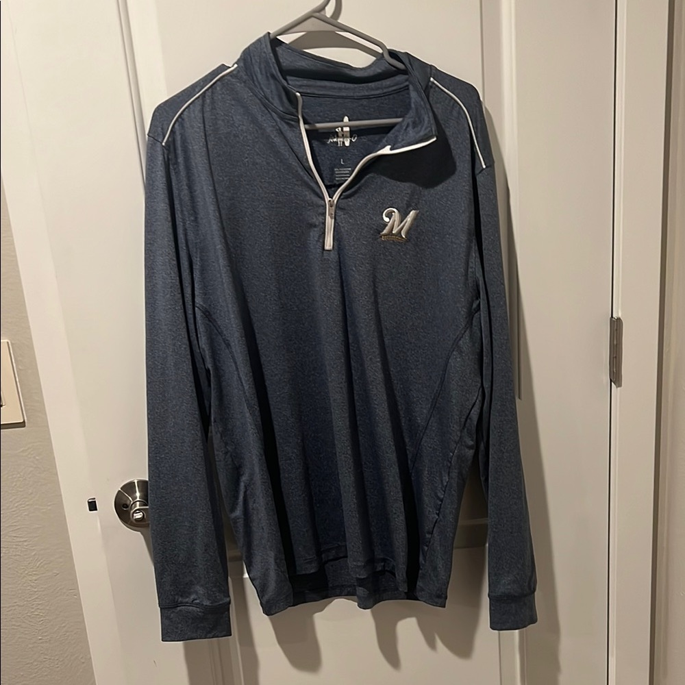 johnnie-O Milwaukee Brewers Blue Sweatshirt with Quarter-Zip and Relaxed Fit